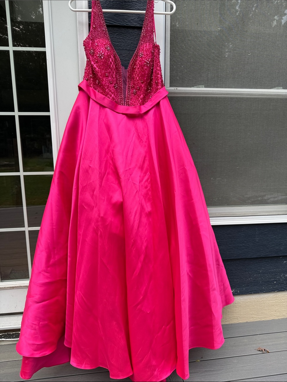 JVN Hot Pink Sequin Bodice Satin Ball Gown